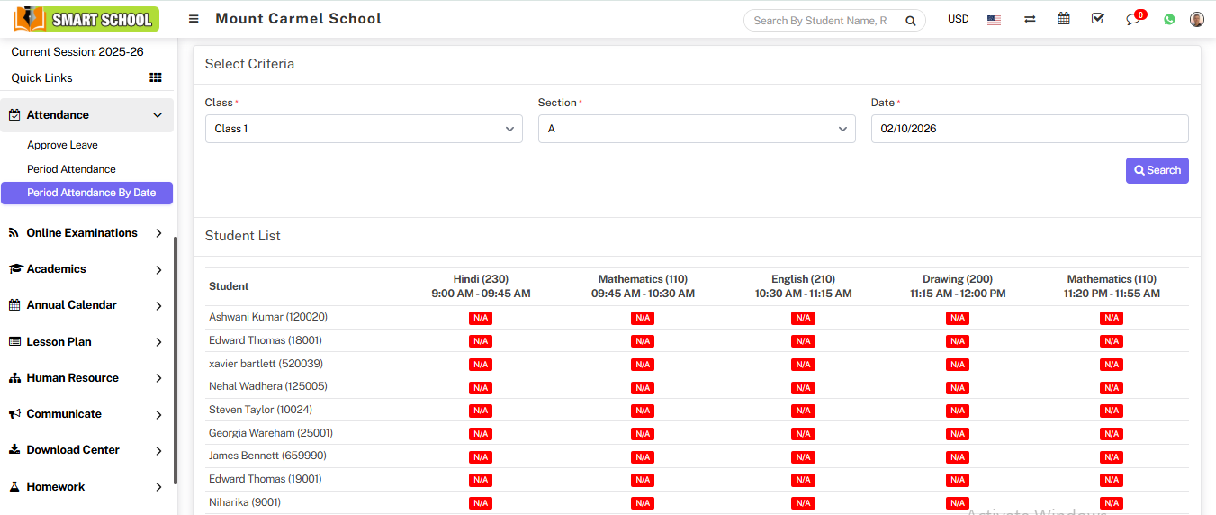 Period attendance by date image