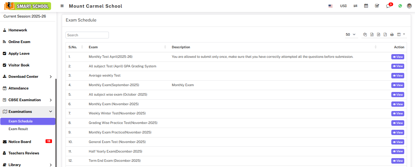 student exam list image