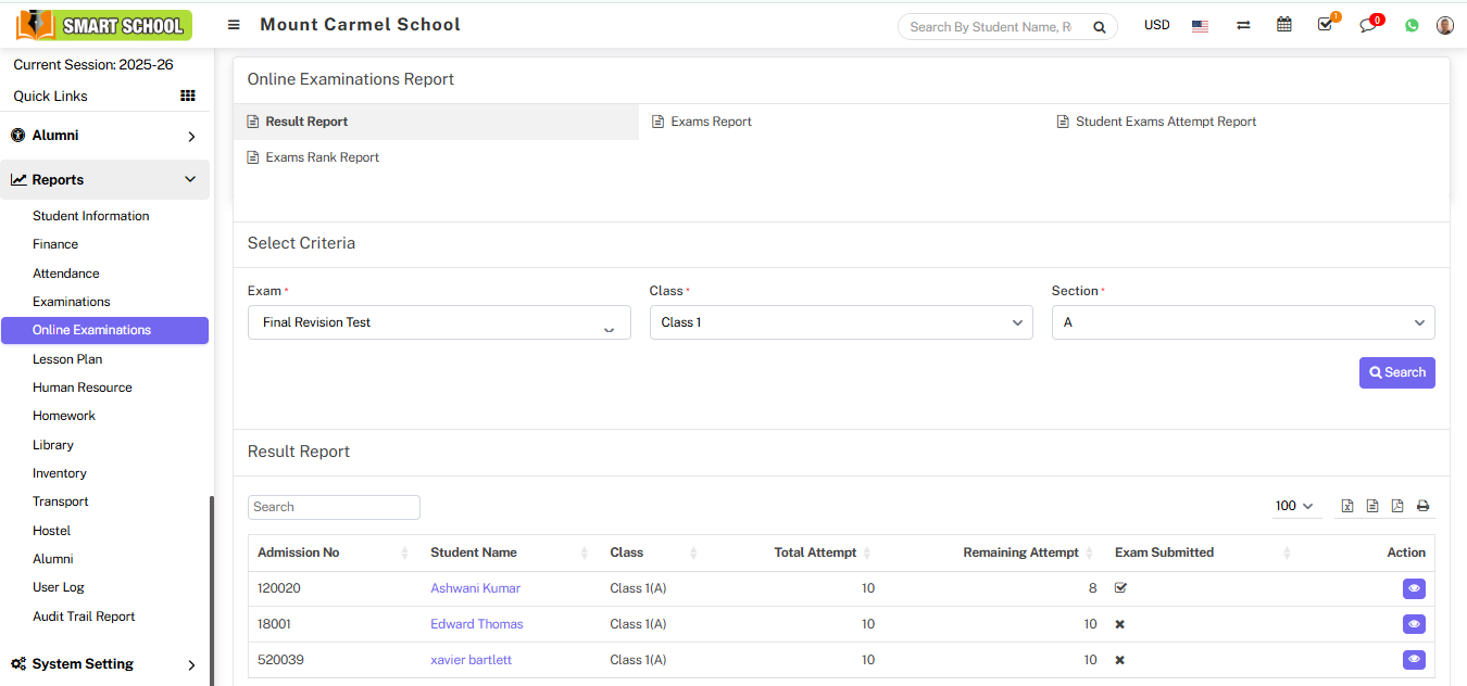 Online Exam Result Report