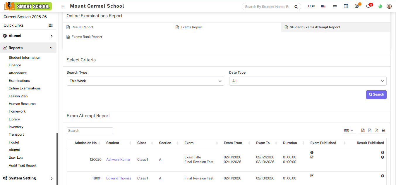 Online Exam Attempt Report