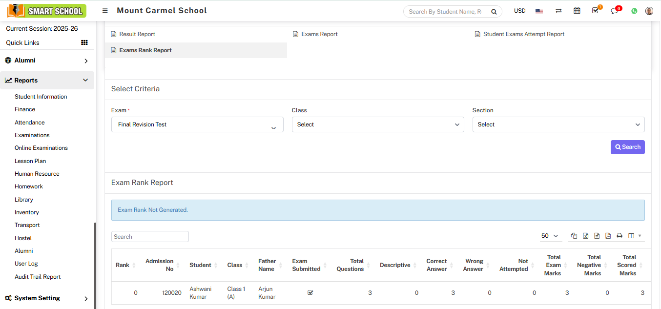 online exam rank report
