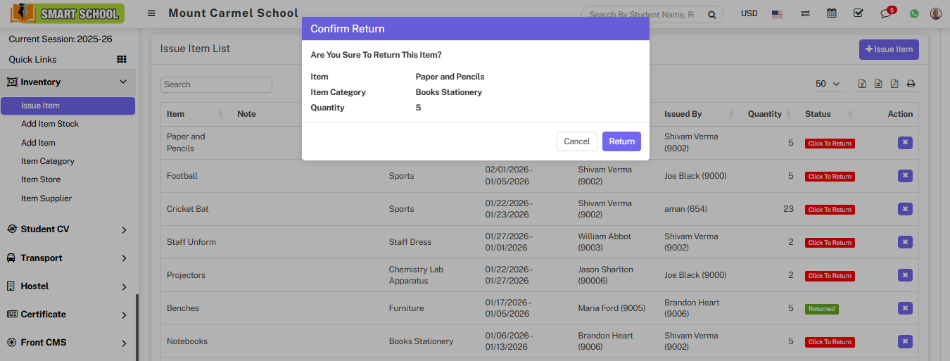 Issue item confirm return image