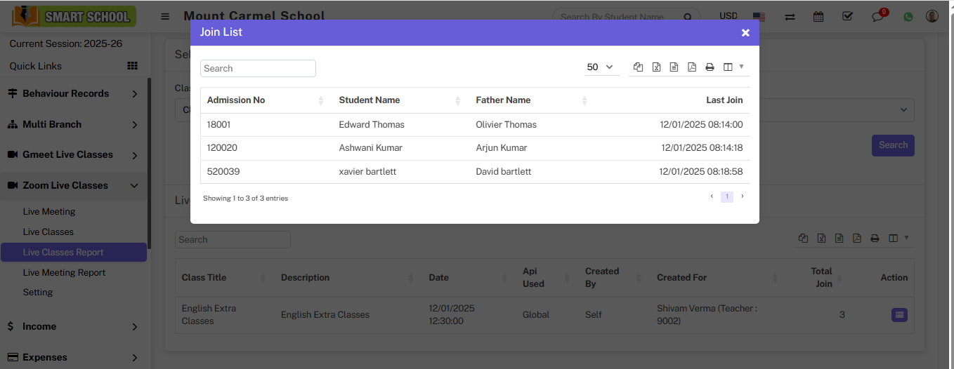 live class report join list
