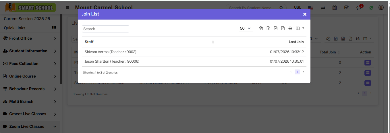 live meeting report join list