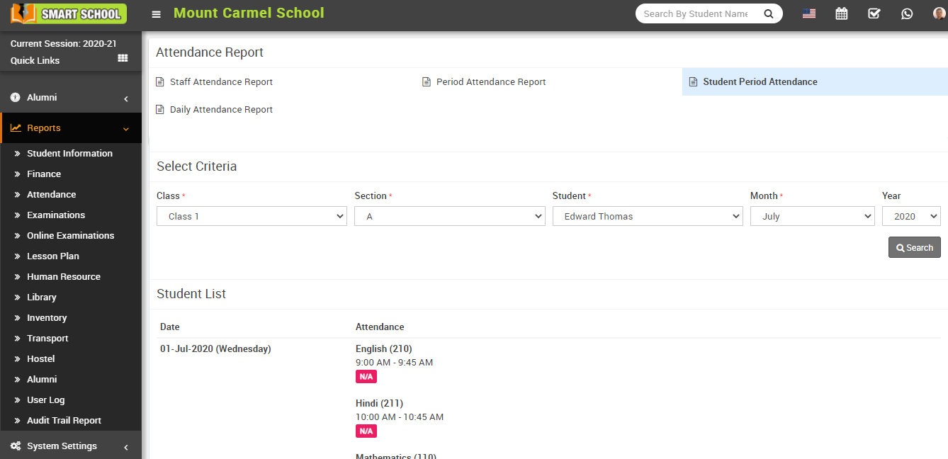 Student period attendance report image