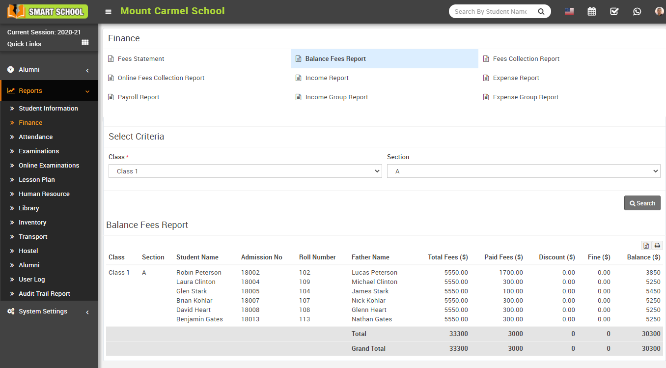 How to check Balance Fees report? Smart School School Management System by QDOCS