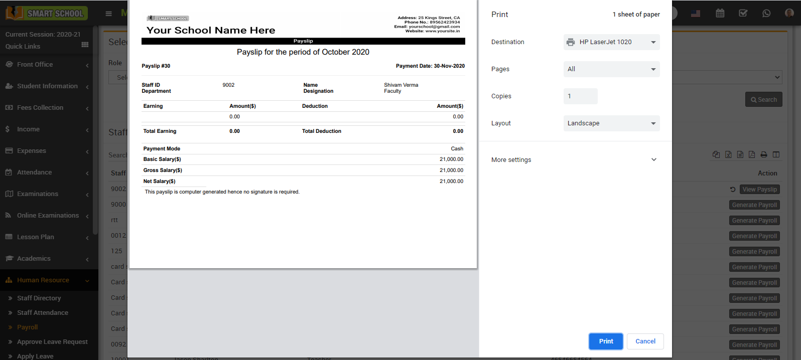 print staff payslip