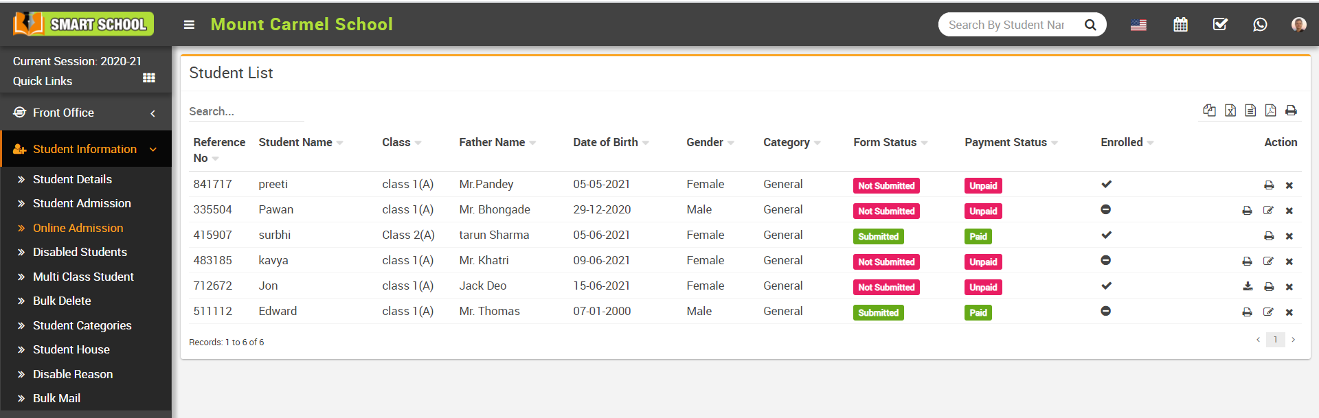 online admission student list