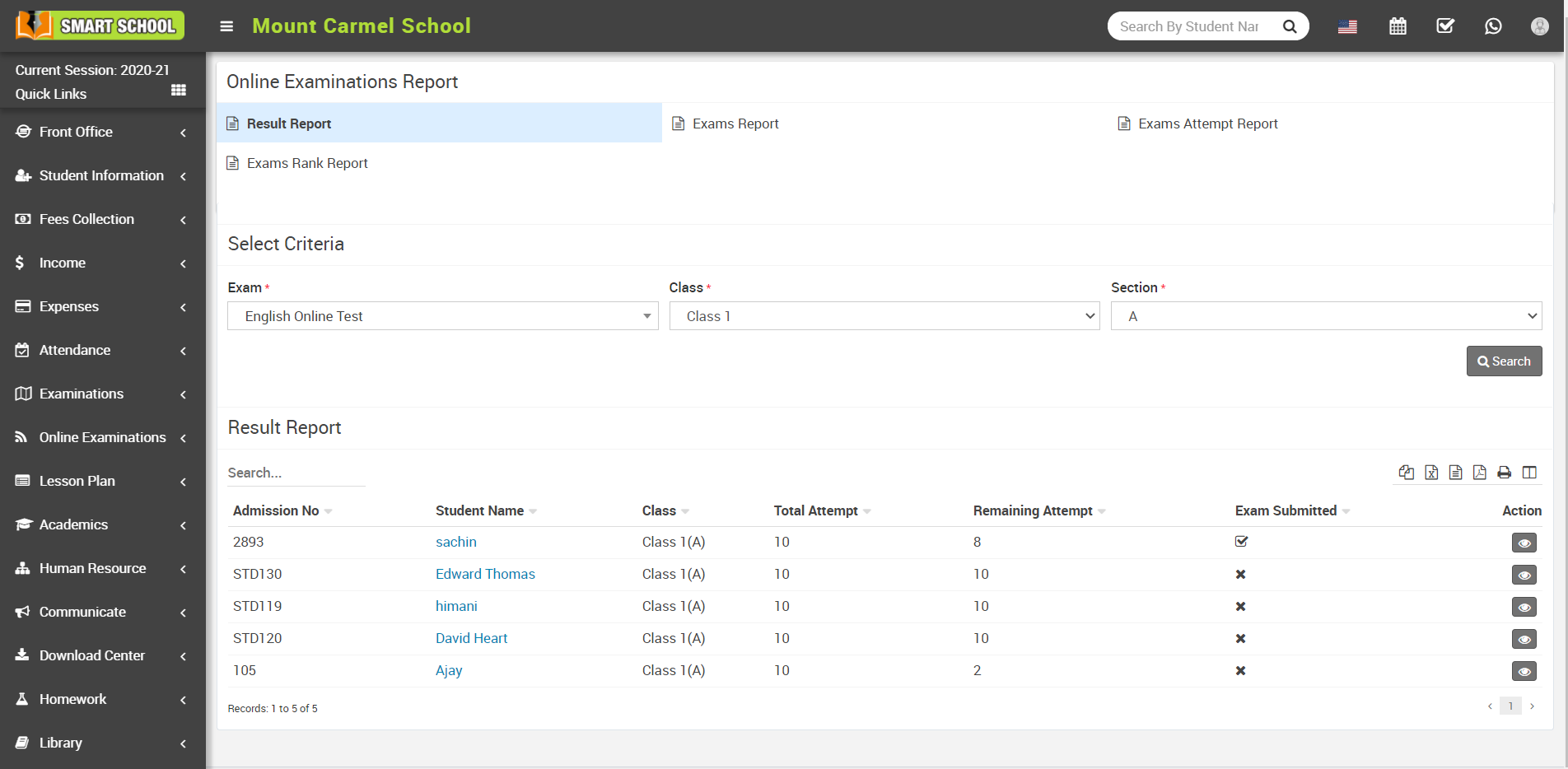 Online Exam Result Report