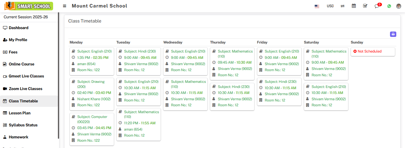 student class time table image