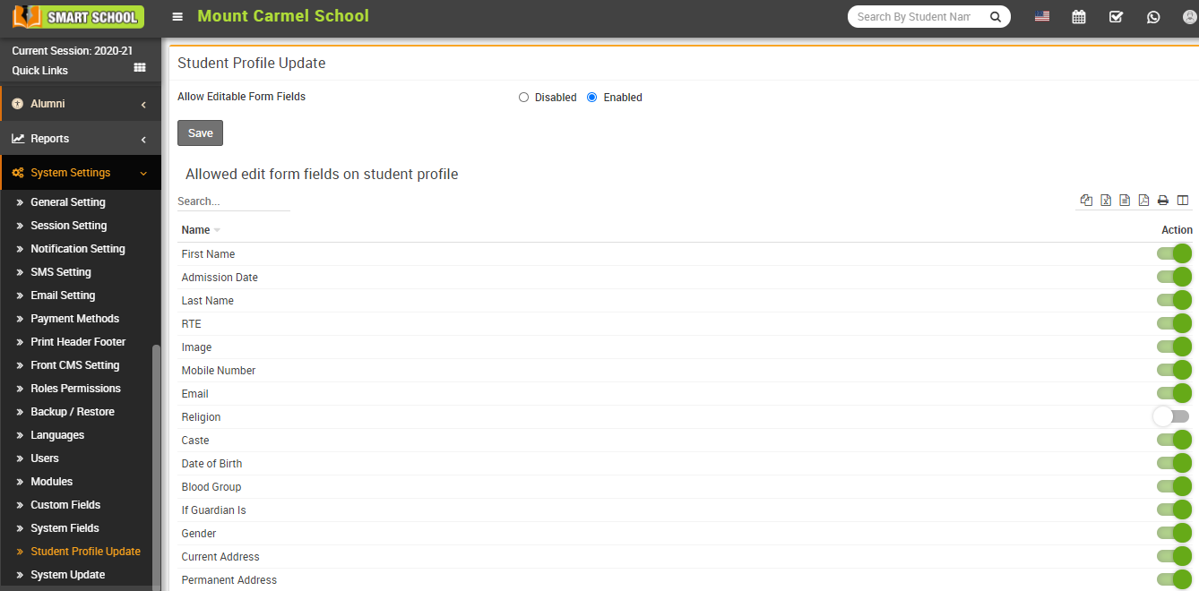 Student Profile Update Setting