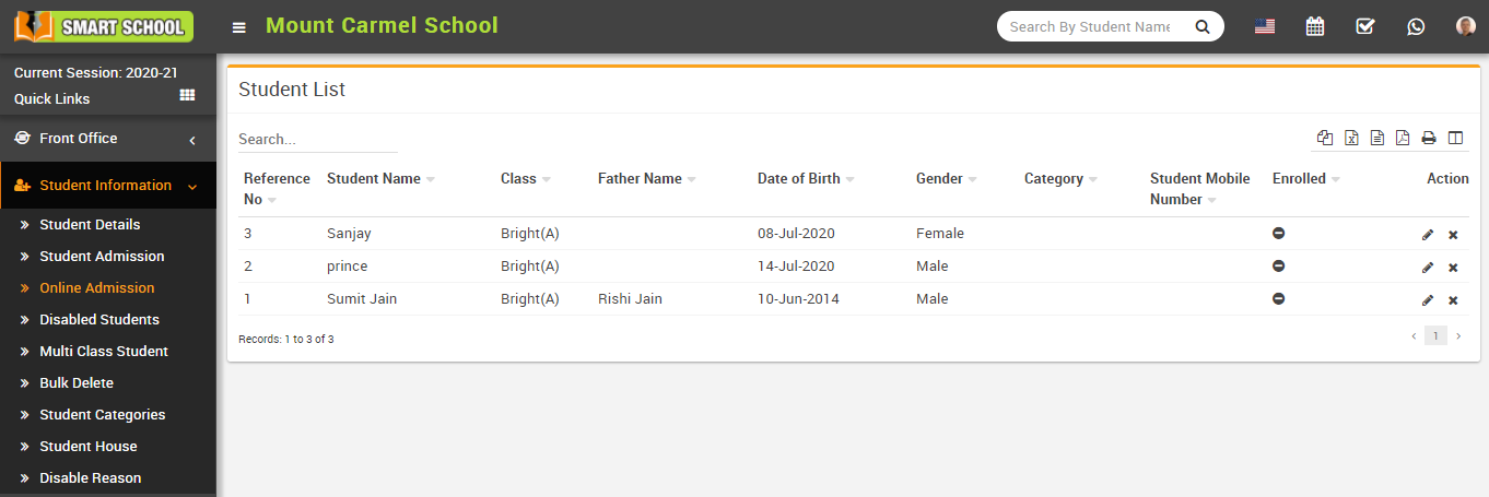 Online admission student list image